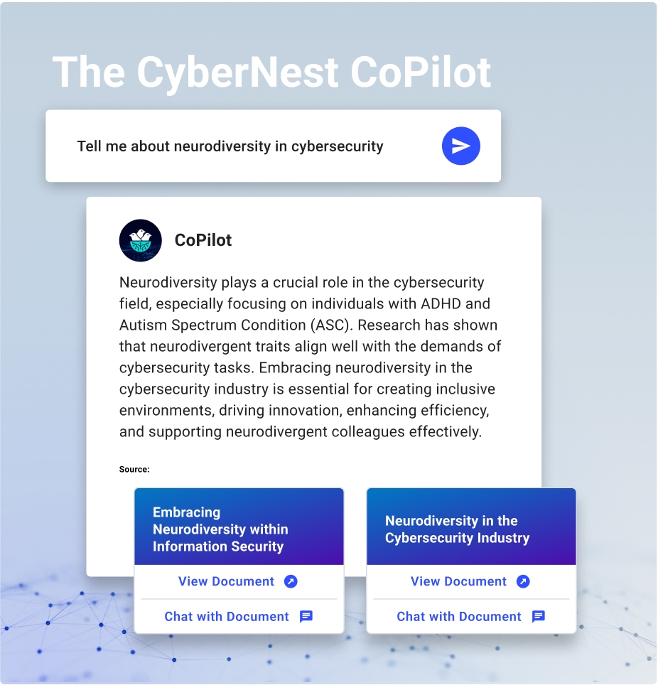 Screenshot of The CyberNest Copilot answering the question 'Tell me about neurodiversity in cybersecurity' and providing documented sources.